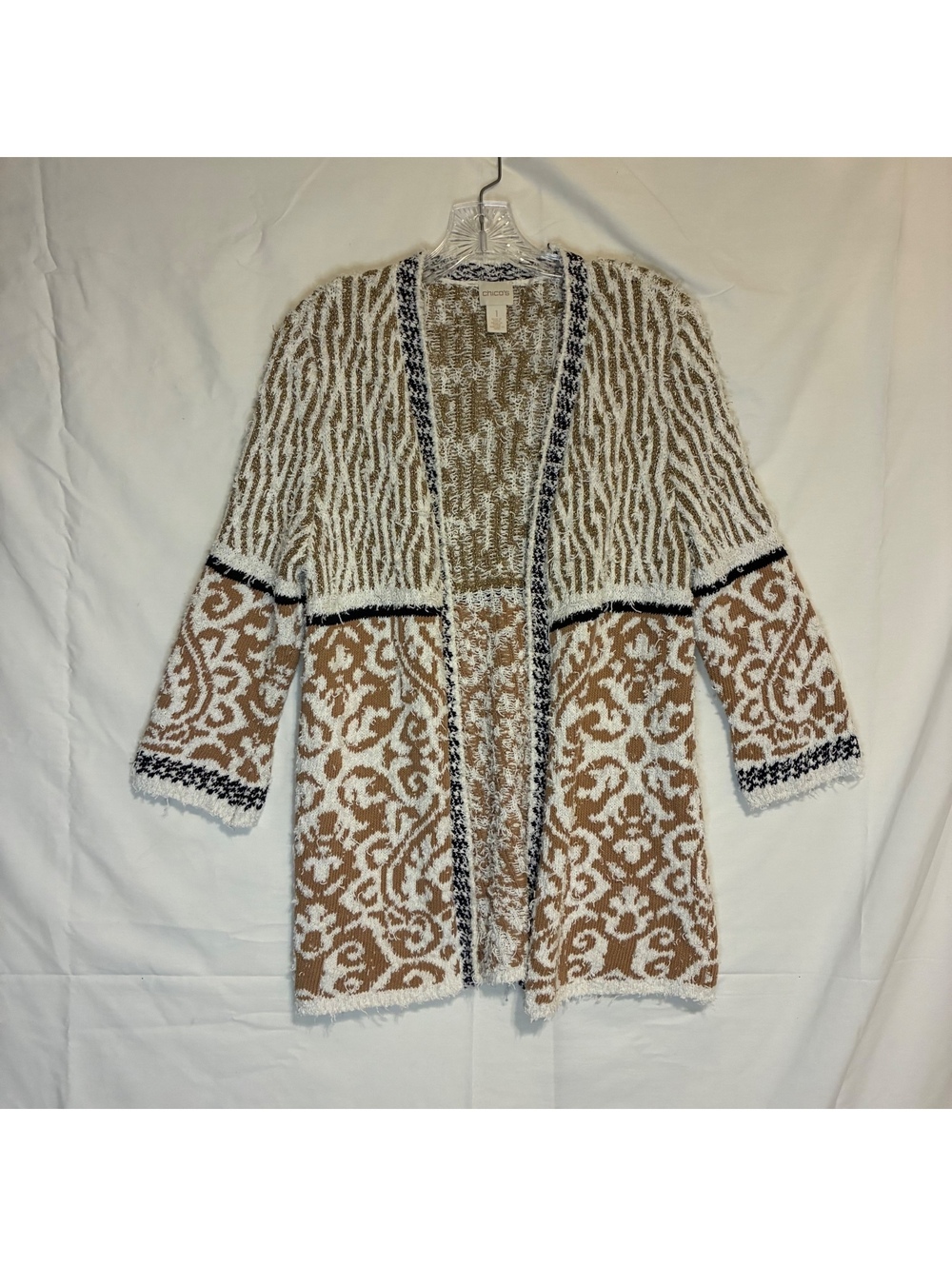 Chico’s Mixed Print Cardigan BoHo Zebra & Damask Pattern Duster Size 1 Medium